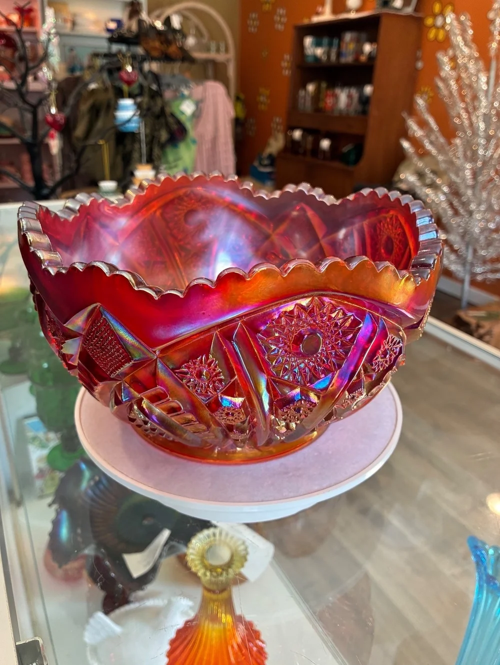 Indiana Glass Heirloom Sunset Amberina Carnival Bowl Cadmium Glow 8.5
